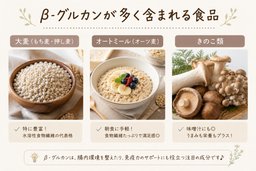 βグルカンが多い食品、大麦・オートミール・キノコ類